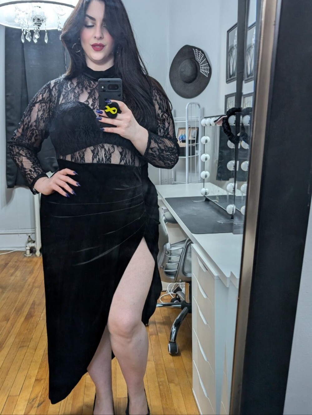 Dress With Black Lace Sheer Top And High-Slit Velvet Skirt